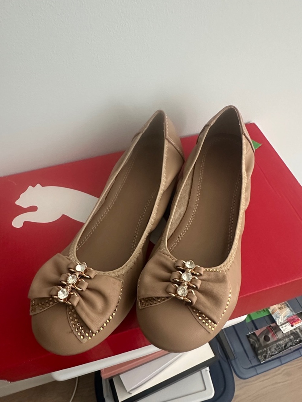 Neutral Bow Embellished Women's Ballet Flats
